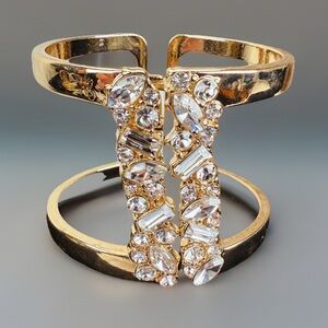 Elegant Goldtone Crystal Bling Wide Band Hinged Bracelet